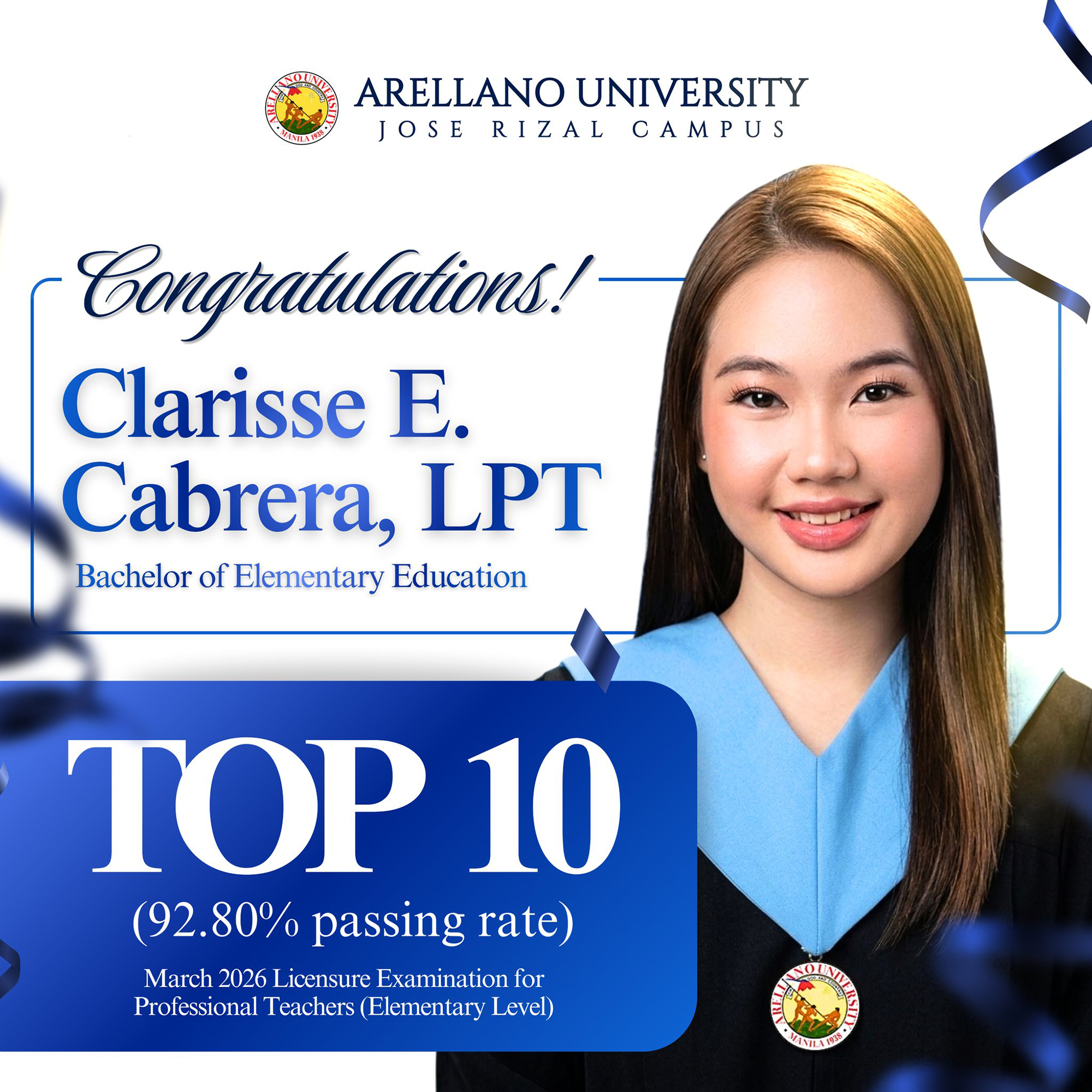 Rank 10 Secured for AU-Malabon! Clarisse E. Cabrera Clinches 92.80% in the March 2026 LEPT